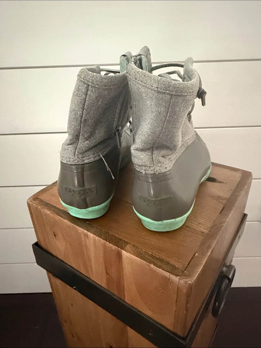 Sperry Gray and Mint Kids Duck Rain Boots